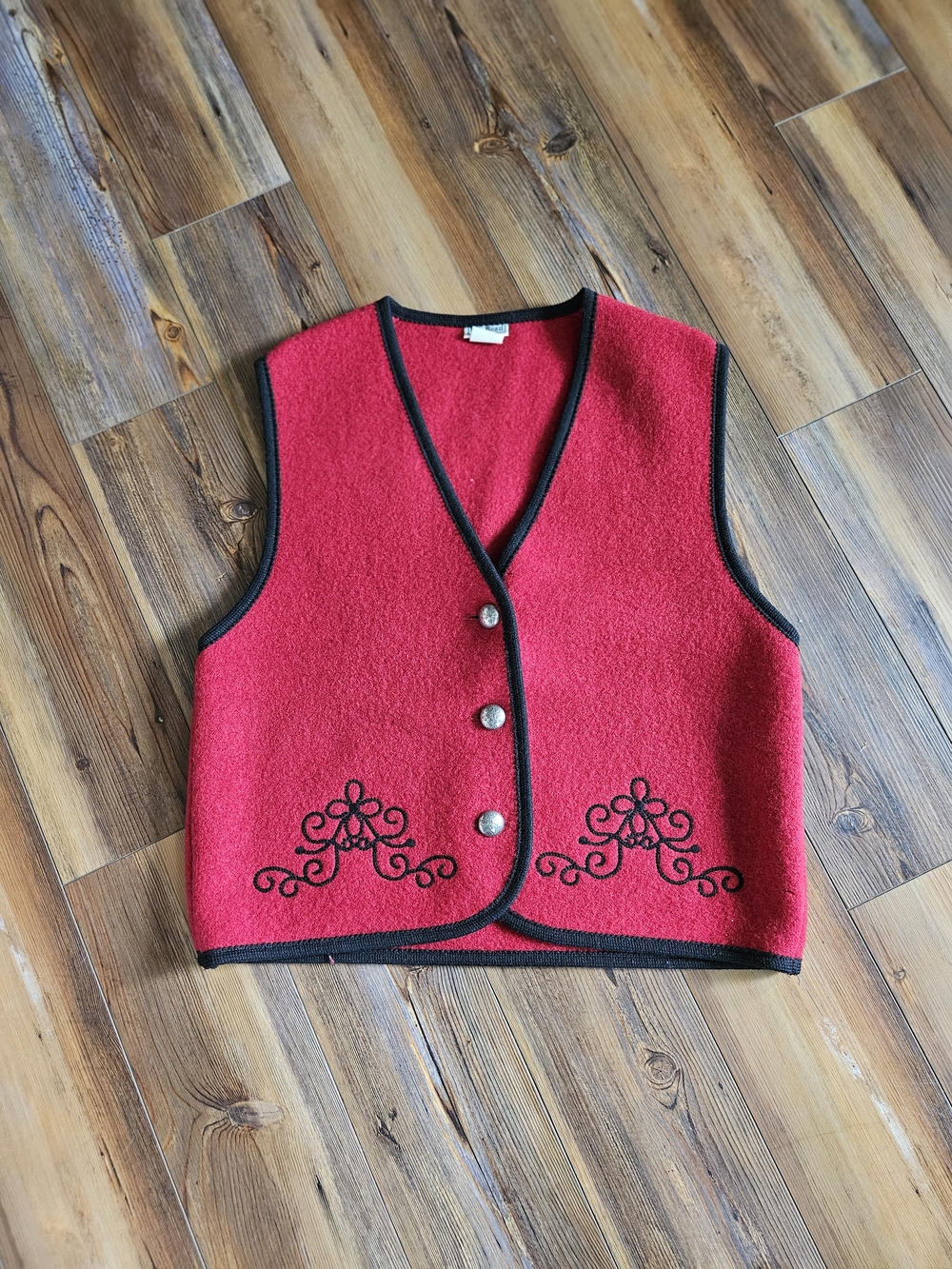 L.L. Bean Red Wool Vest with Black Trim and Embroidery